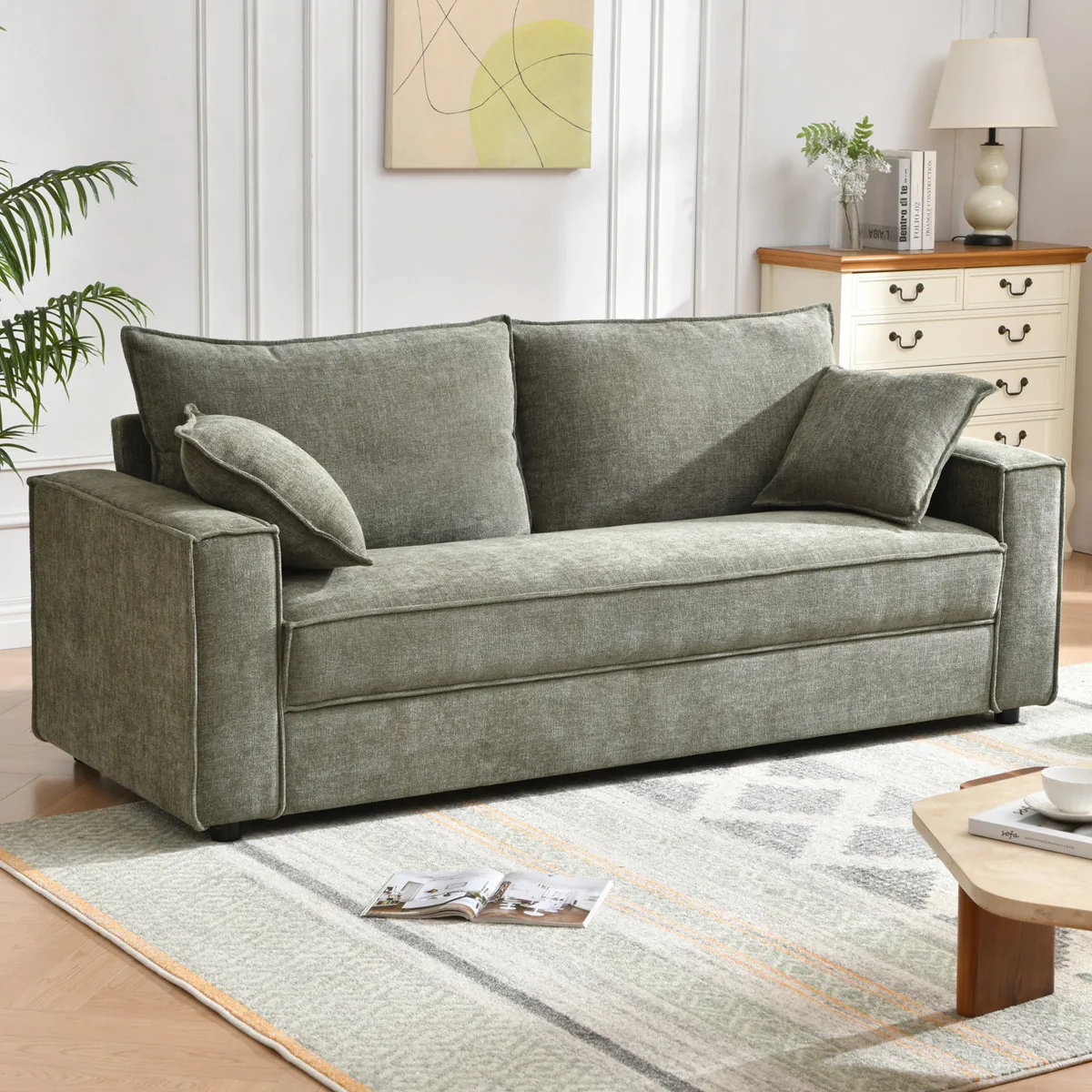 Traditional Upholstered Standard Sofa with Square Armrests and 2 Throw Pillows (Ebern Designs)
