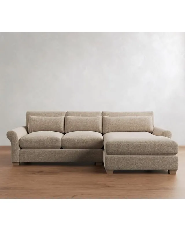 PB Comfort Modern Roll Arm Upholstered Deep Seat Left Loveseat with Wide Chaise Sectional, Seadrift Finish, Memory Foam Cushions, Performance Midland Tweed Stone