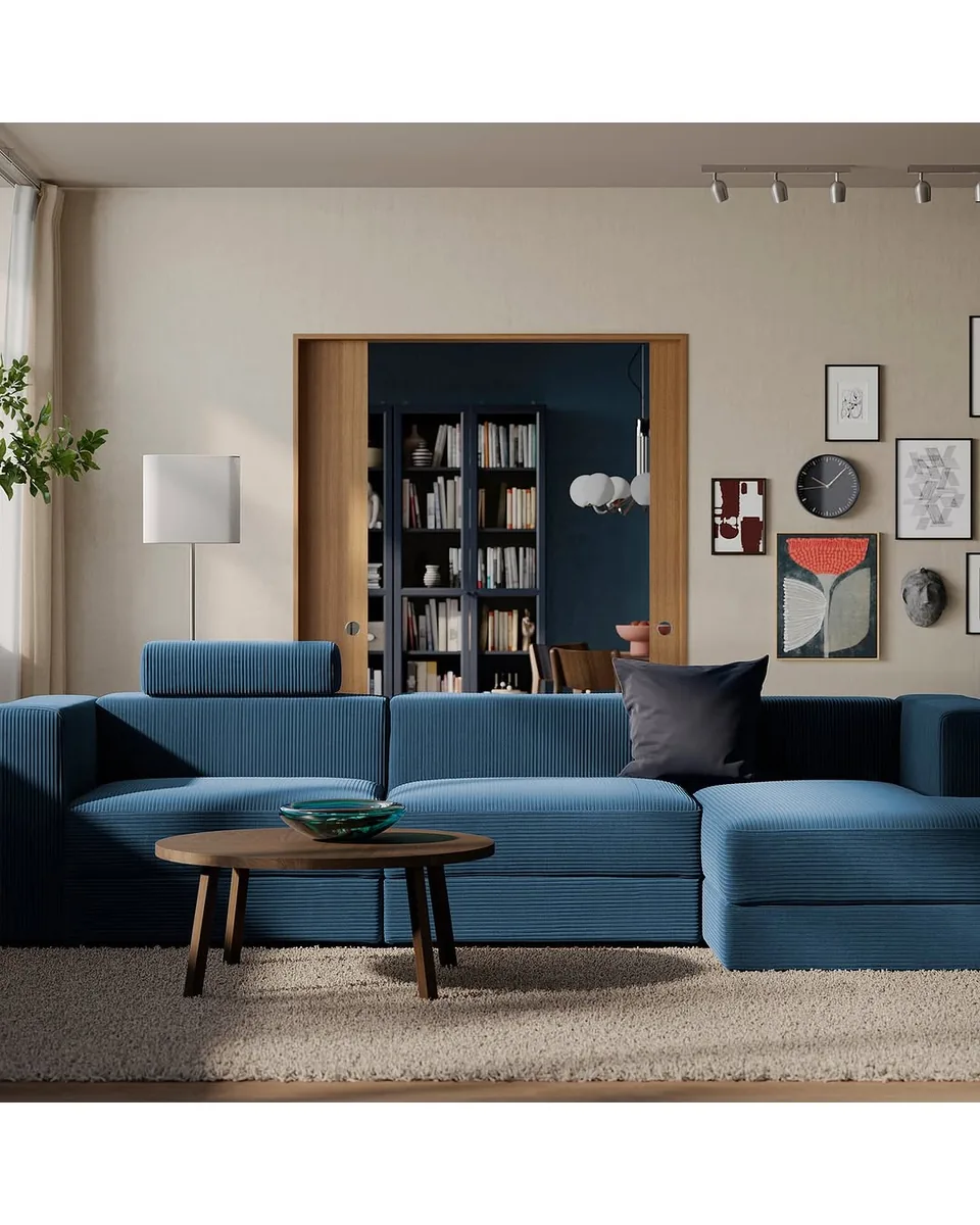JÄTTEBO 4-seat mod sofa with chaise, right with headrest/Samsala dark blue, Width: 122 "
