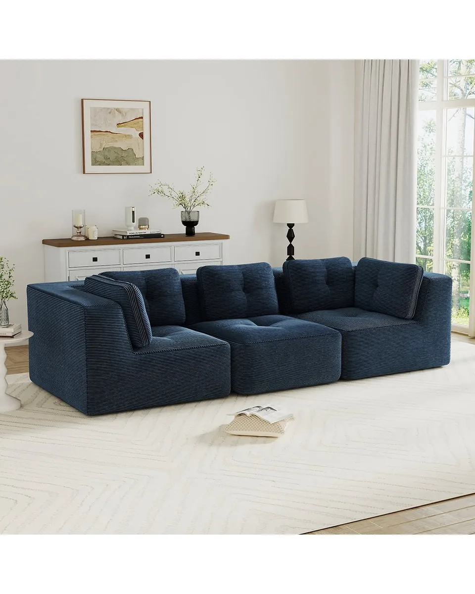 CORDELIA 116" 3-Seater High Armrest Sofa - Corduroy - Denim Blue