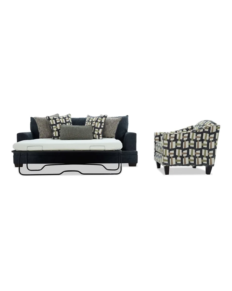 Savannah Blue 93'' Sleeper Sofa with Queen Gel Mattress & Accent Chair