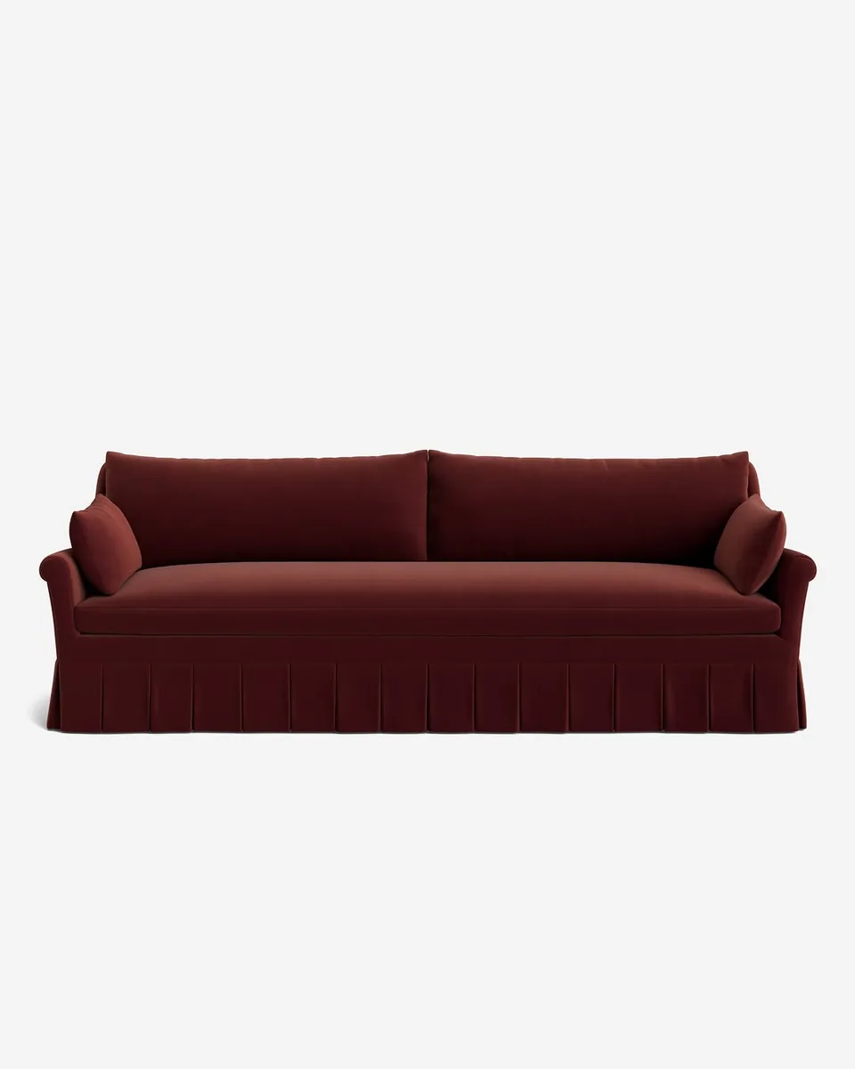 Portola Rolled Arm Pleated Sofa, Wine Mini Corduroy, 98"W