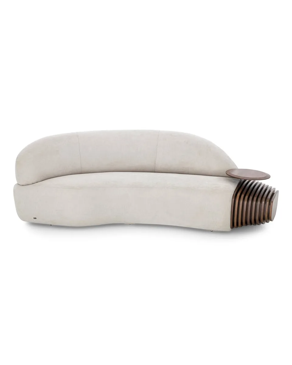RUY Sofa Curved in Walnut and Beige Fabric 97" Left Side