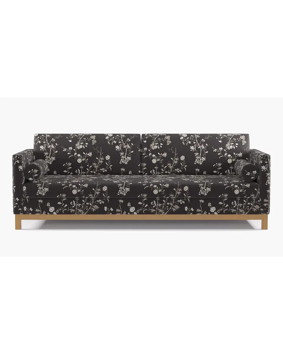 Tailored Tuxedo Sofa | Natural Wood Rail | Black Bamboo Garden