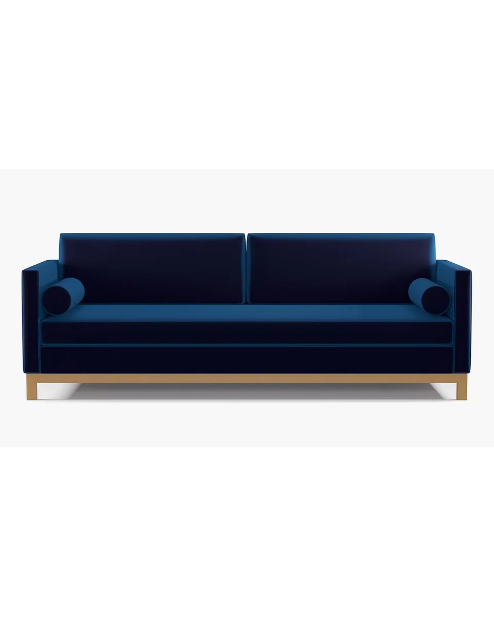 Tailored Tuxedo Sofa | Natural Wood Rail | Cobalt Performance Plush Velvet