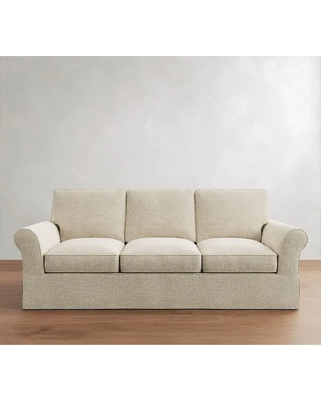 PB Comfort Roll Arm Slipcovered Grand Sofa 92" 3x3, Box Edge, Down Blend Wrapped Cushions, Basketweave Slub Oatmeal